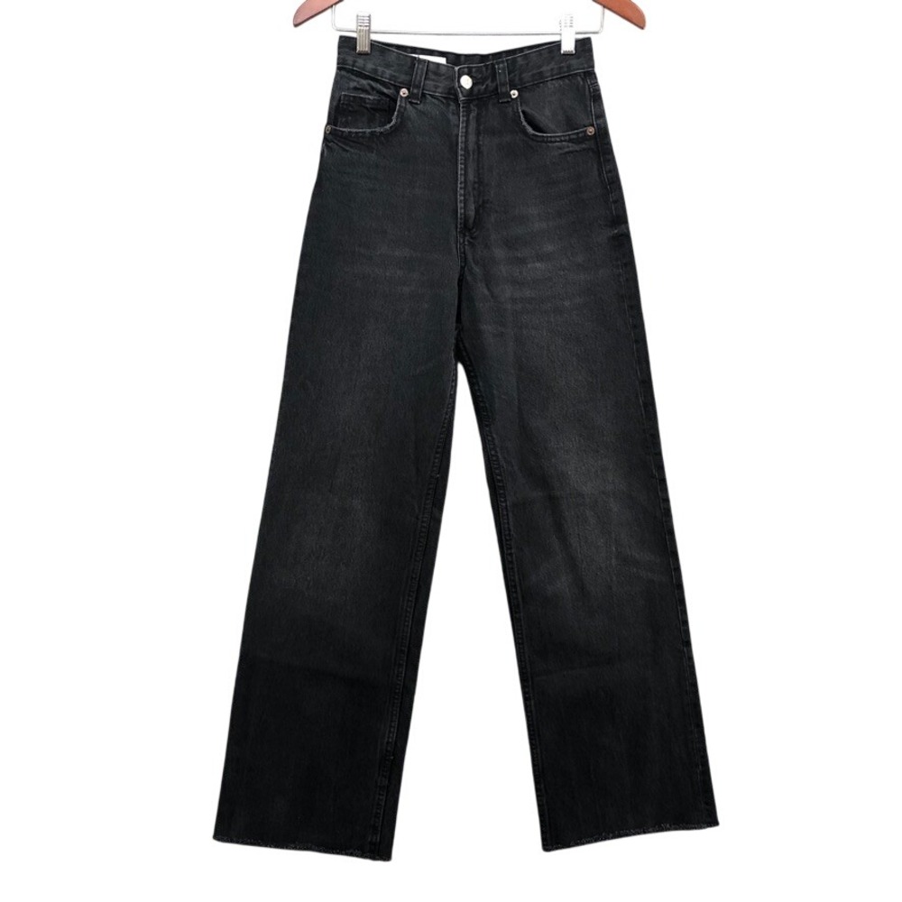 Zara Jeans Womens 2 Black High Rise Wide Leg Raw Hem Denim Pants Retro